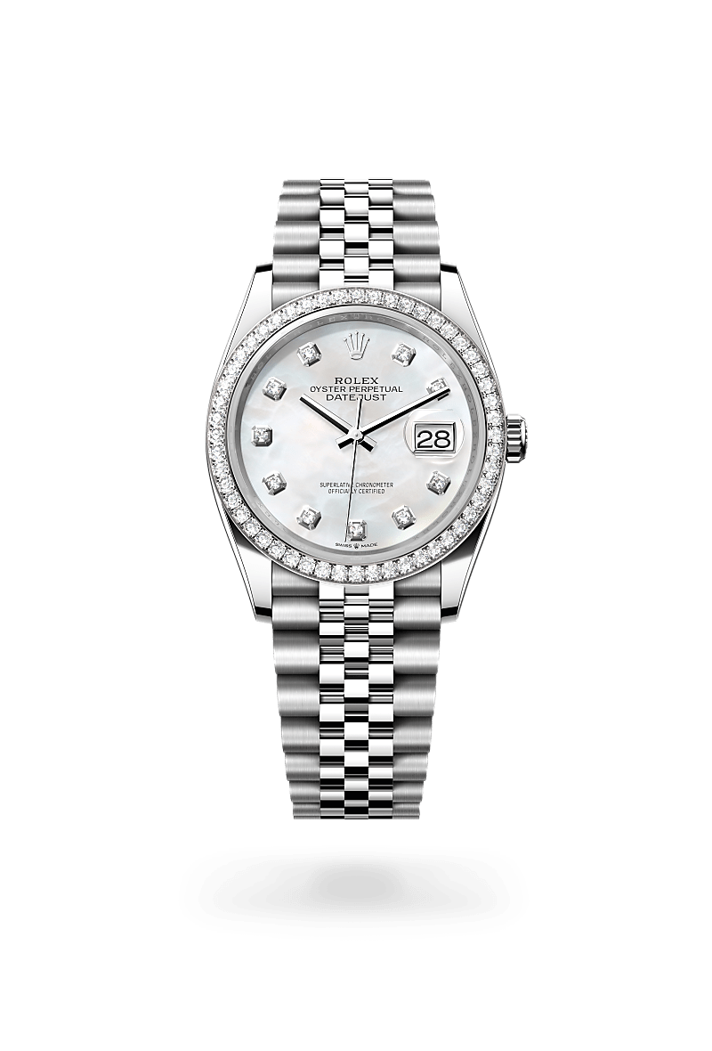 rolex DATEJUST front view in White Rolesor - combination of Oystersteel and white gold, M126284RBR-0011 - Nowwatch