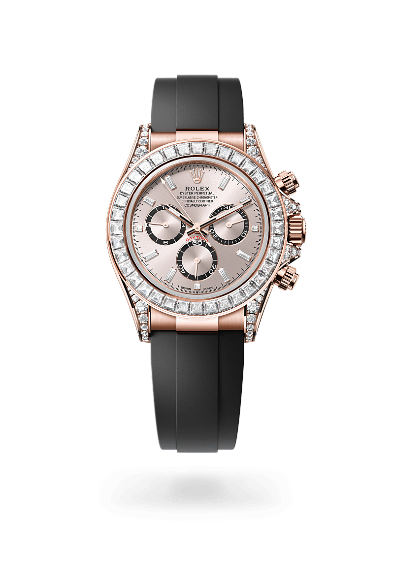 rolex COSMOGRAPH DAYTONA front view in 18 ct Everose gold with lugs set with diamonds, M126535TBR-0002 - Nowwatch