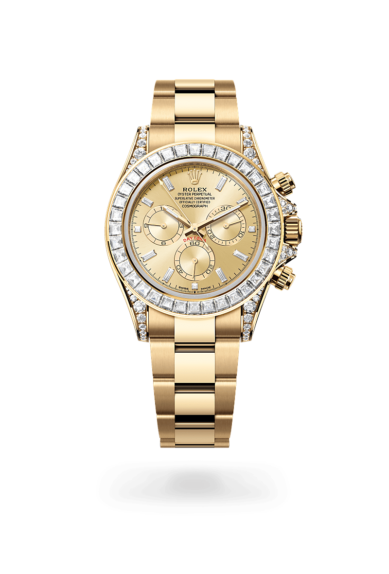 rolex COSMOGRAPH DAYTONA front view in 18 ct yellow gold with lugs set with diamonds, M126598TBR-0001 - Nowwatch