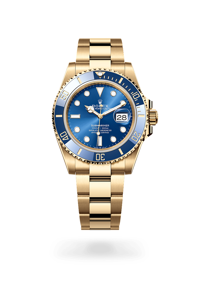 rolex SUBMARINER front view in 18 ct yellow gold, M126618LB-0002 - Nowwatch