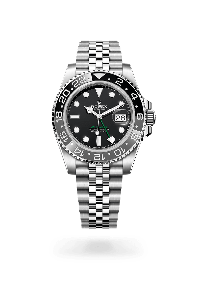 rolex GMT-MASTER II front view in Oystersteel, M126710GRNR-0003 - Nowwatch