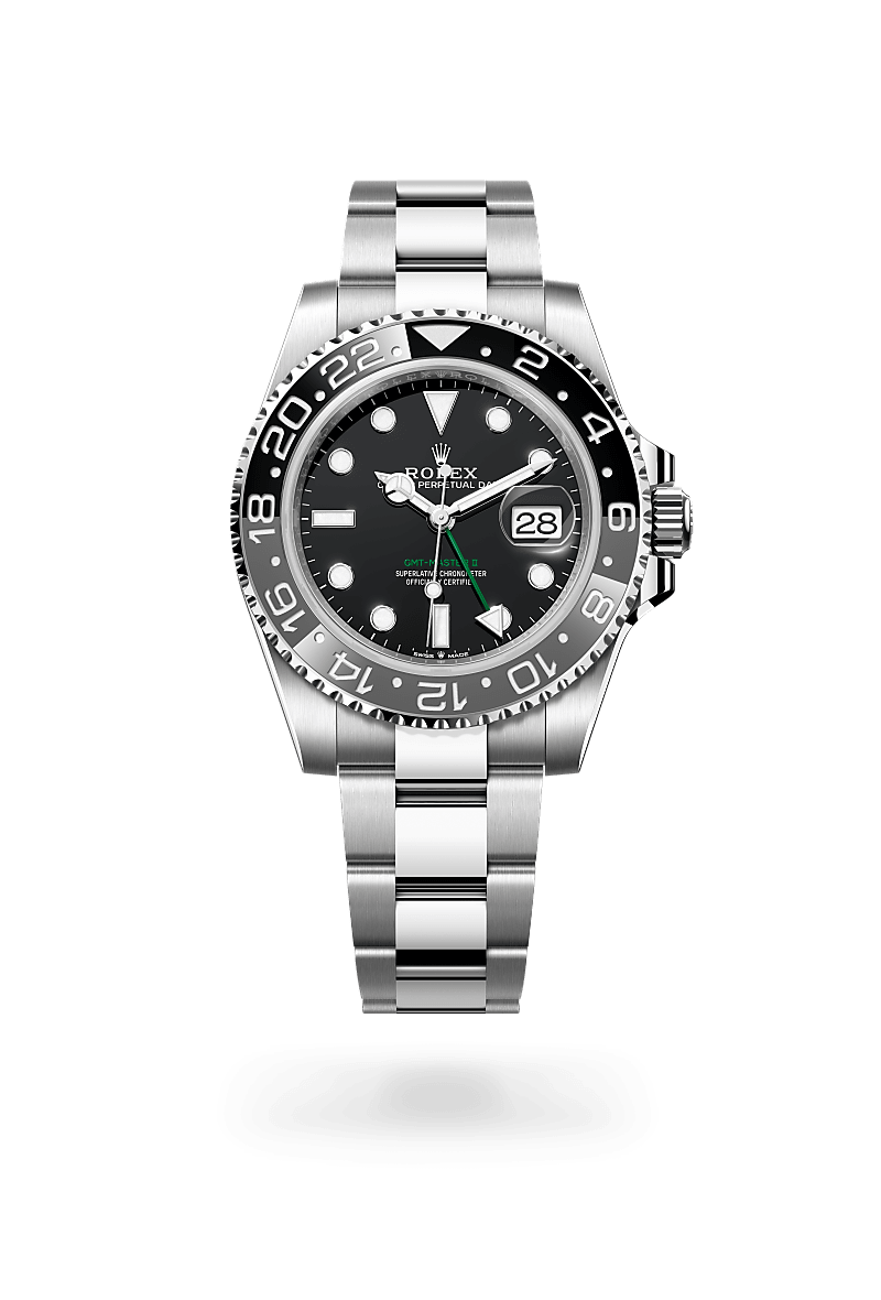 rolex GMT-MASTER II front view in Oystersteel, M126710GRNR-0004 - Nowwatch