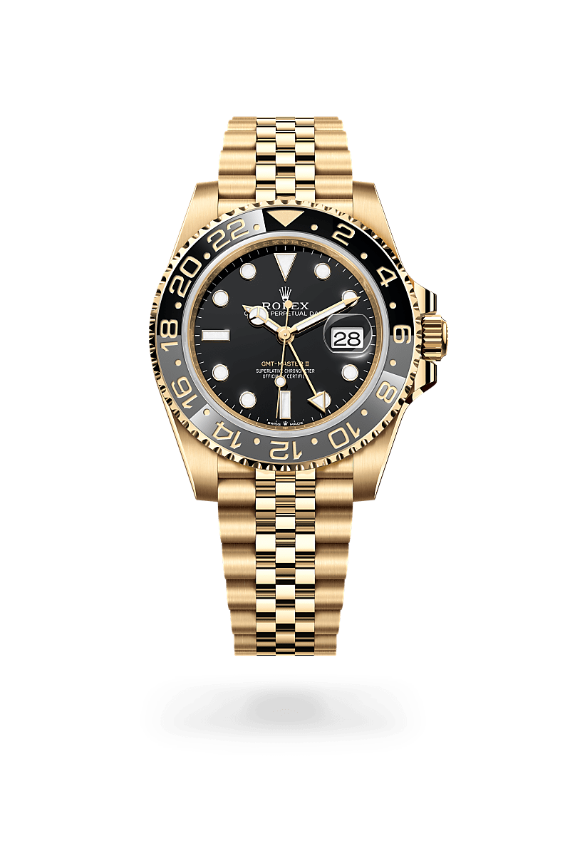 rolex GMT-MASTER II front view in 18 ct yellow gold, M126718GRNR-0001 - Nowwatch