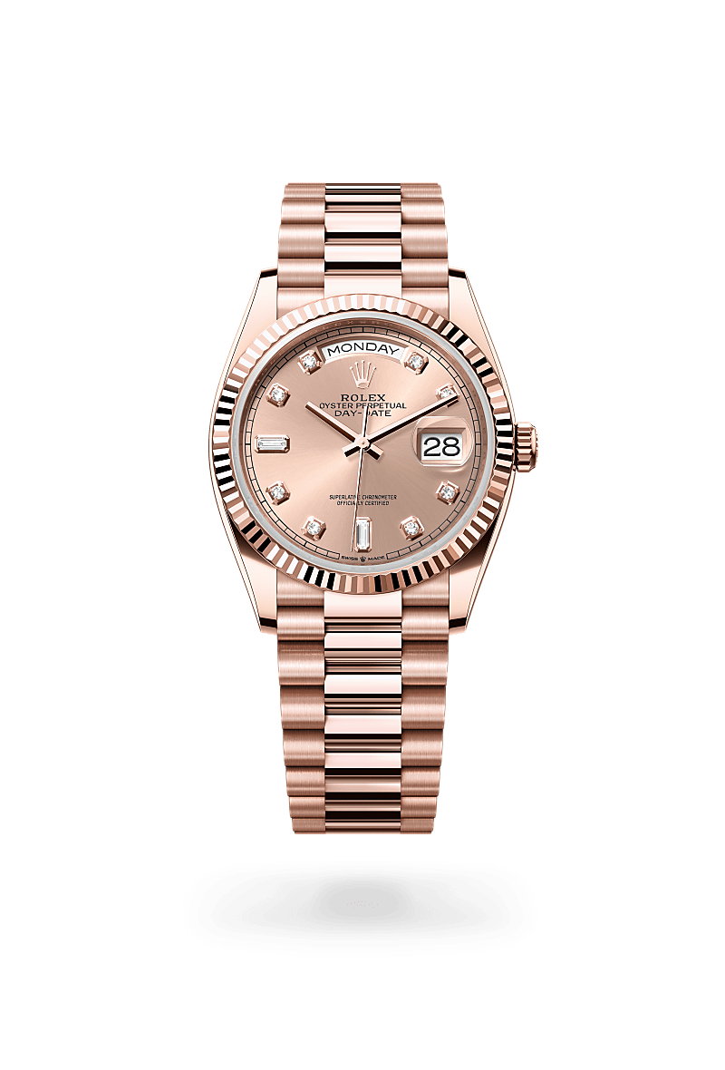 rolex DAY-DATE front view in 18 ct Everose gold, M128235-0009 - Nowwatch