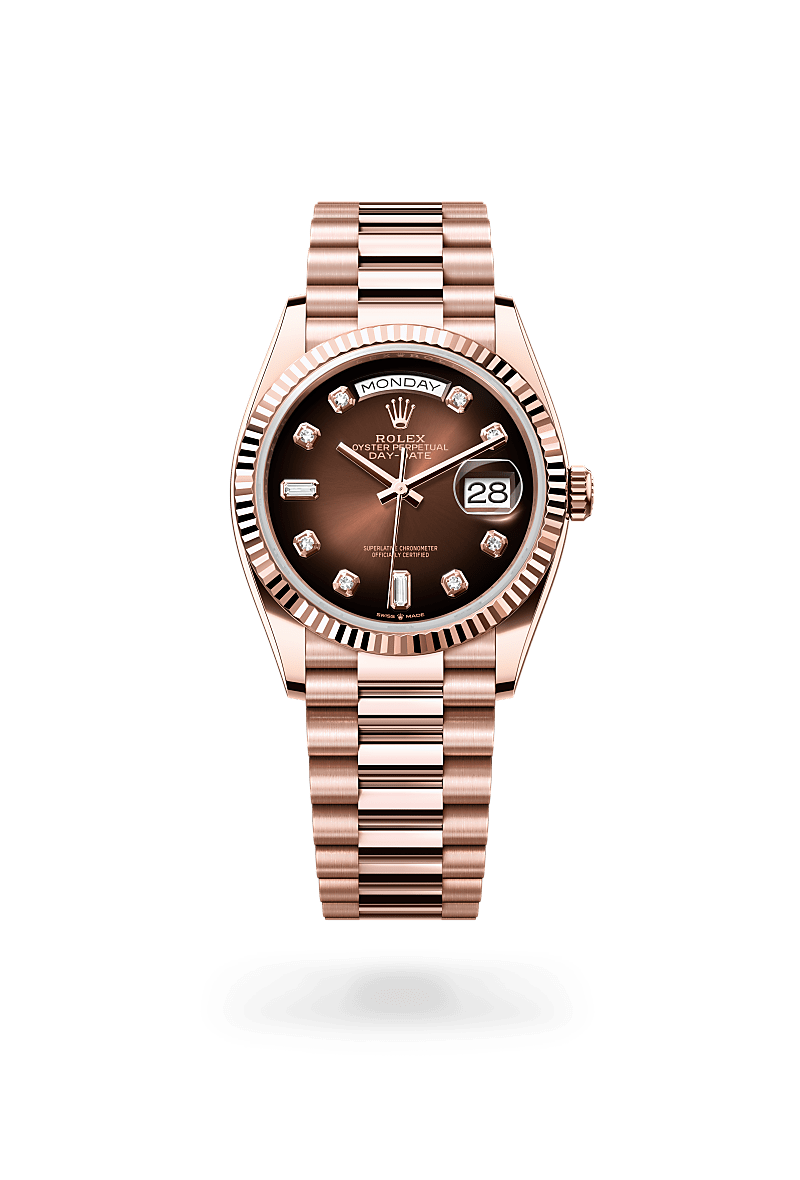 rolex DAY-DATE front view in 18 ct Everose gold, M128235-0037 - Nowwatch