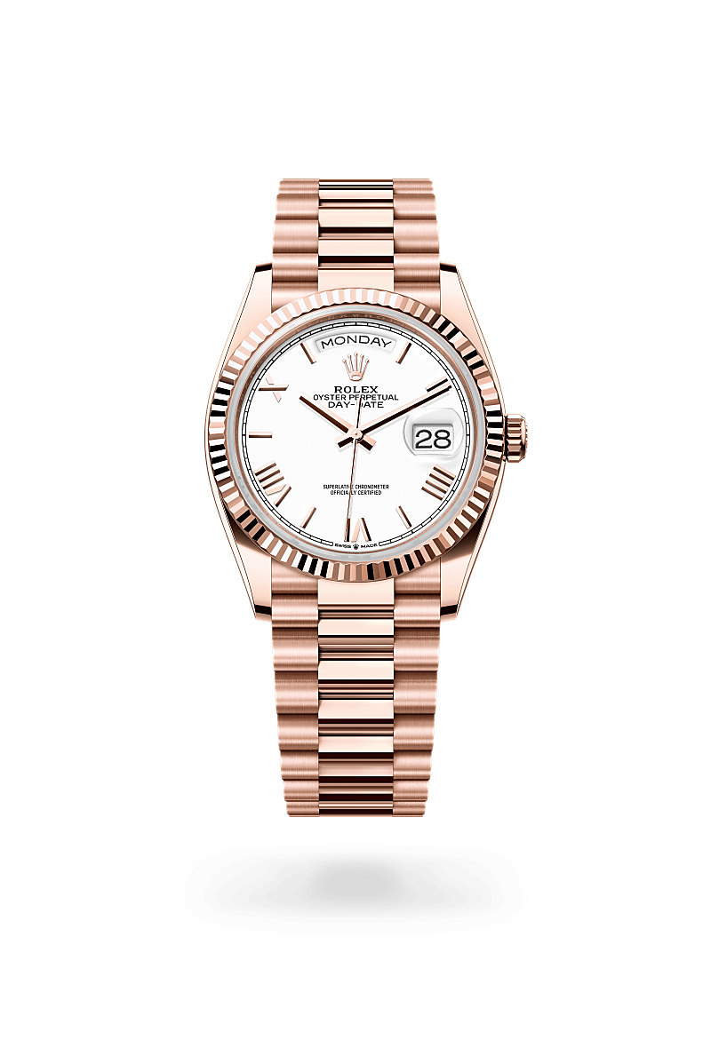 rolex DAY-DATE front view in 18 ct Everose gold, M128235-0070 - Nowwatch