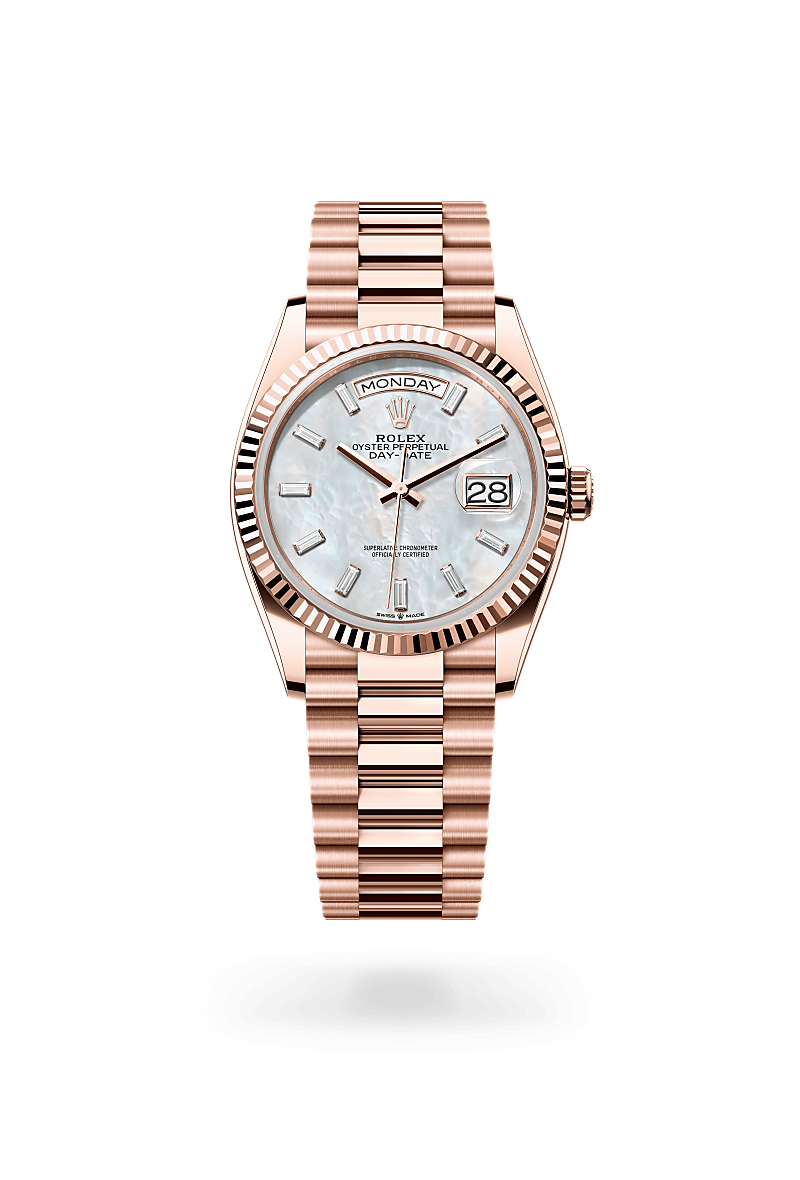 rolex DAY-DATE front view in 18 ct Everose gold, M128235-0078 - Nowwatch