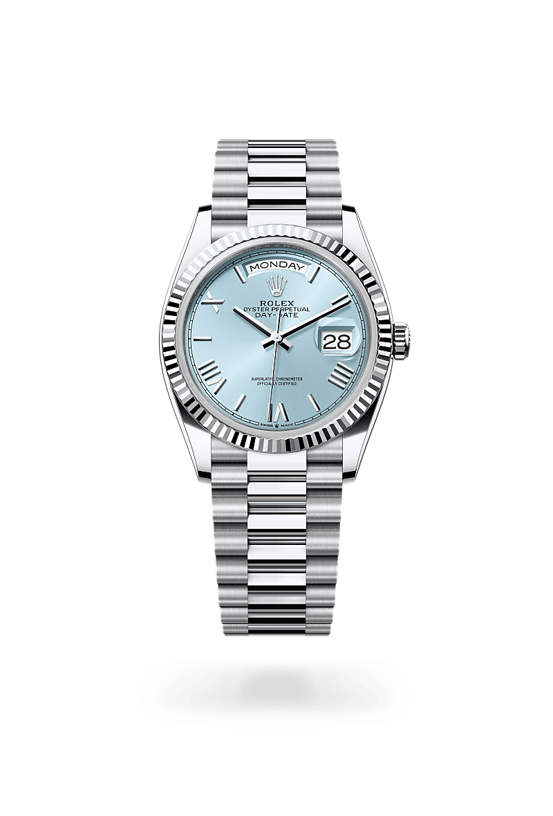 rolex DAY-DATE front view in Platinum, M128236-0018 - Nowwatch