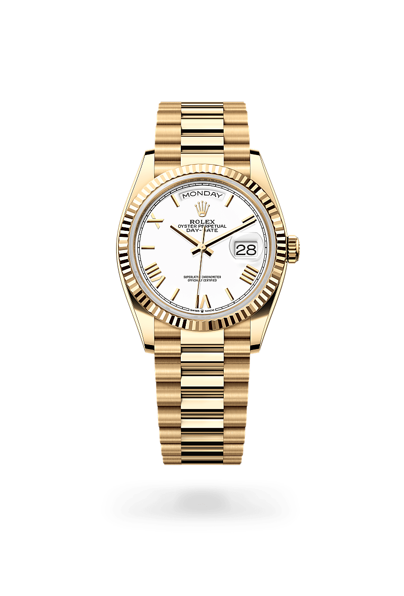 rolex DAY-DATE front view in 18 ct yellow gold, M128238-0113 - Nowwatch