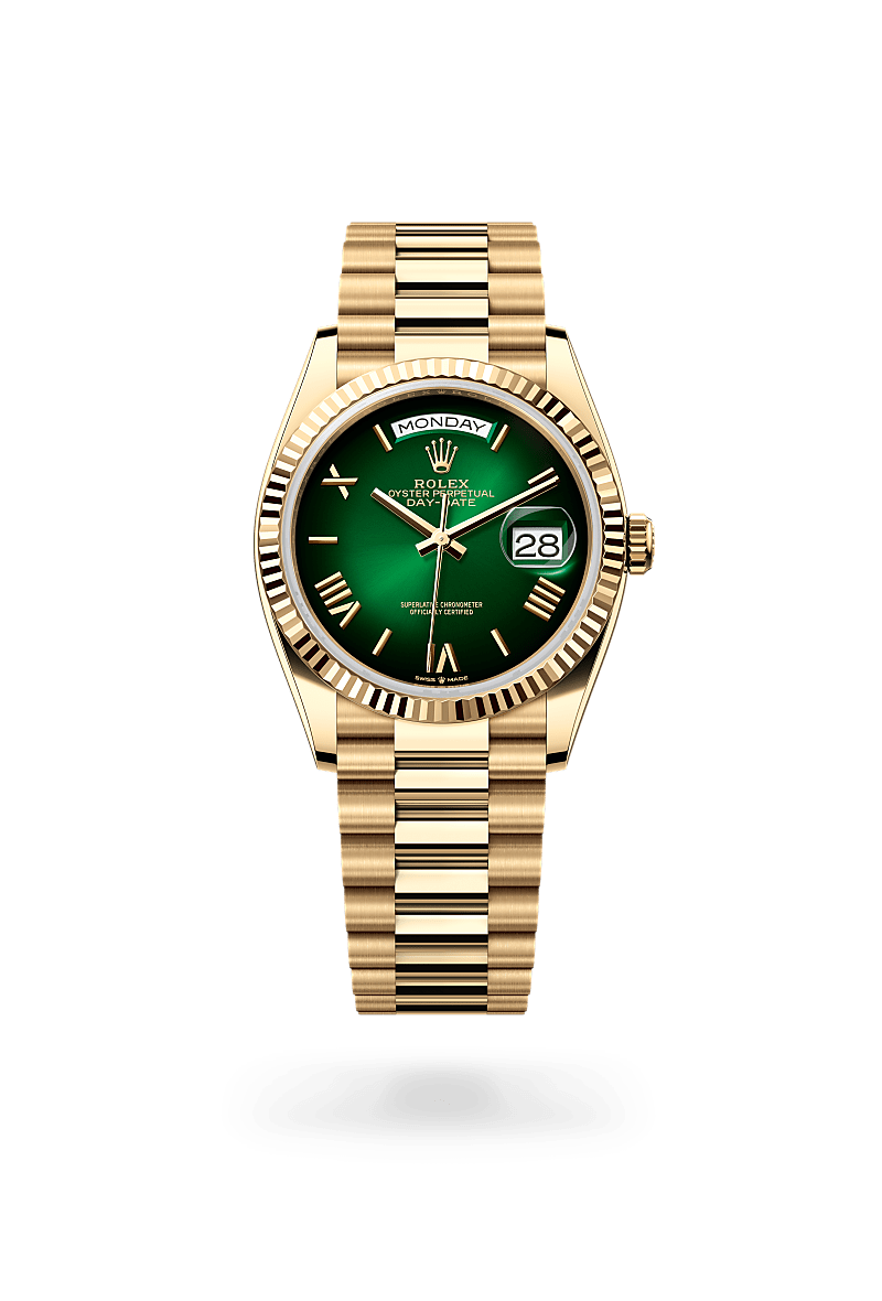 rolex DAY-DATE front view in 18 ct yellow gold, M128238-0118 - Nowwatch