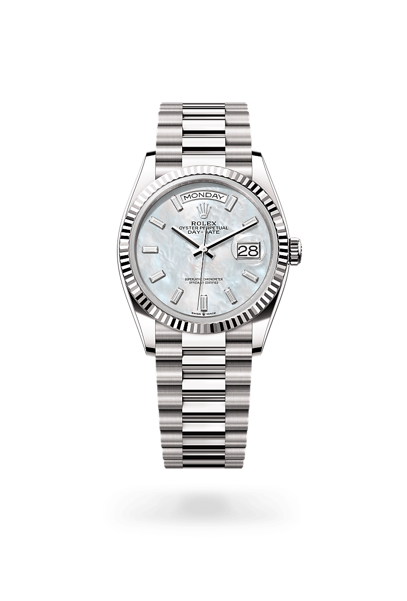 rolex DAY-DATE front view in 18 ct white gold, M128239-0065 - Nowwatch