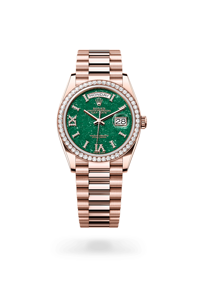 rolex DAY-DATE front view in 18 ct Everose gold, M128345RBR-0068 - Nowwatch