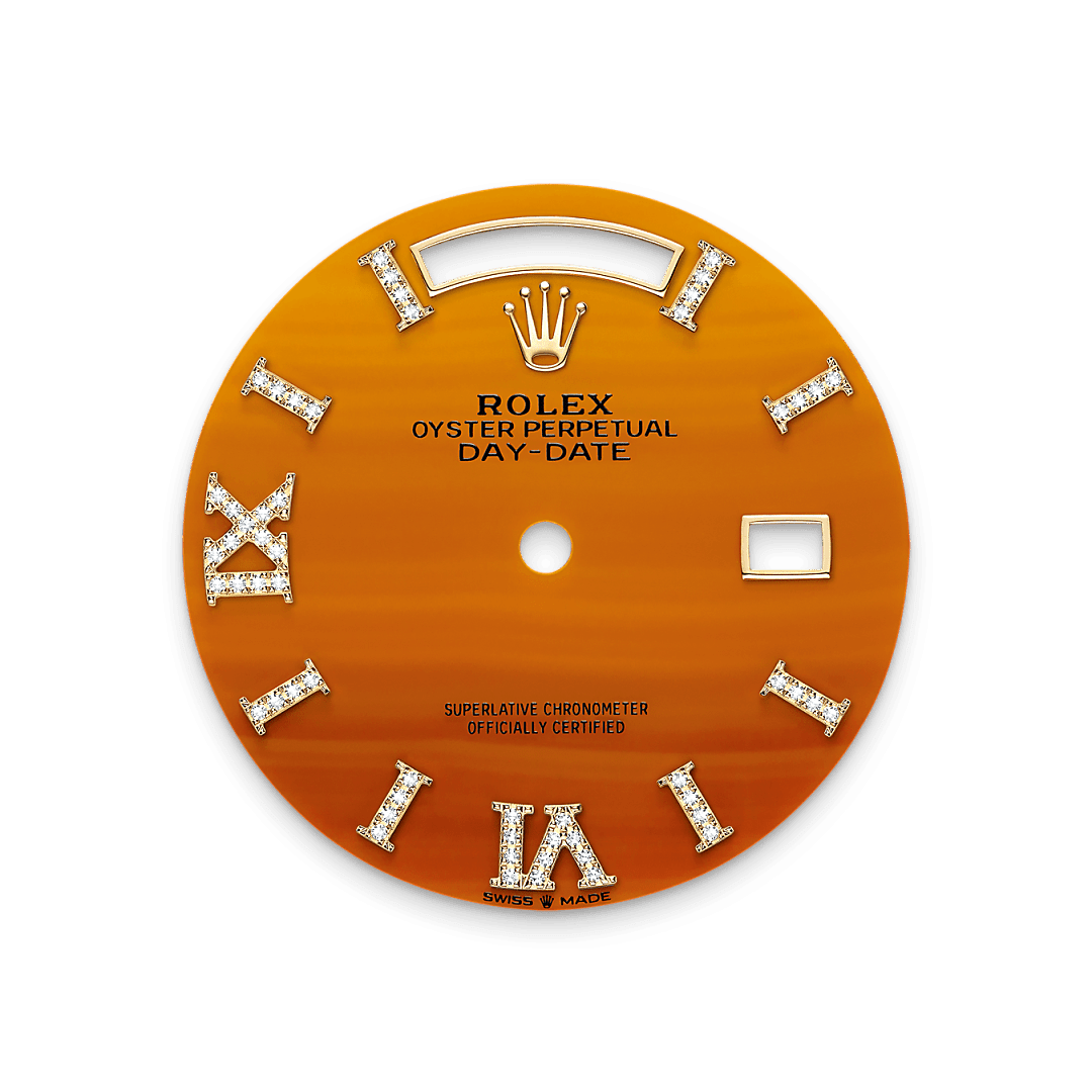 18캐럿 옐로우 골드 소재의 롤렉스 Day-Date 36 다이얼, M128348RBR-0049 - 나우워치