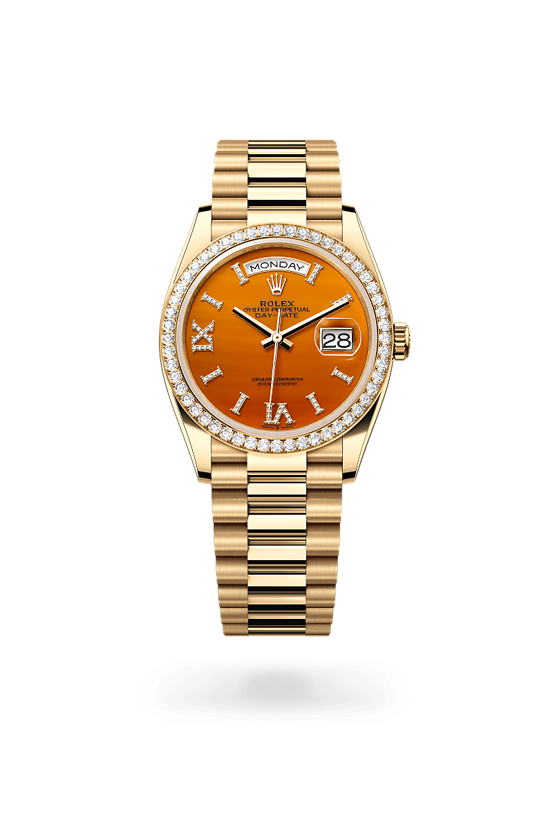 rolex DAY-DATE front view in 18 ct yellow gold, M128348RBR-0049 - Nowwatch