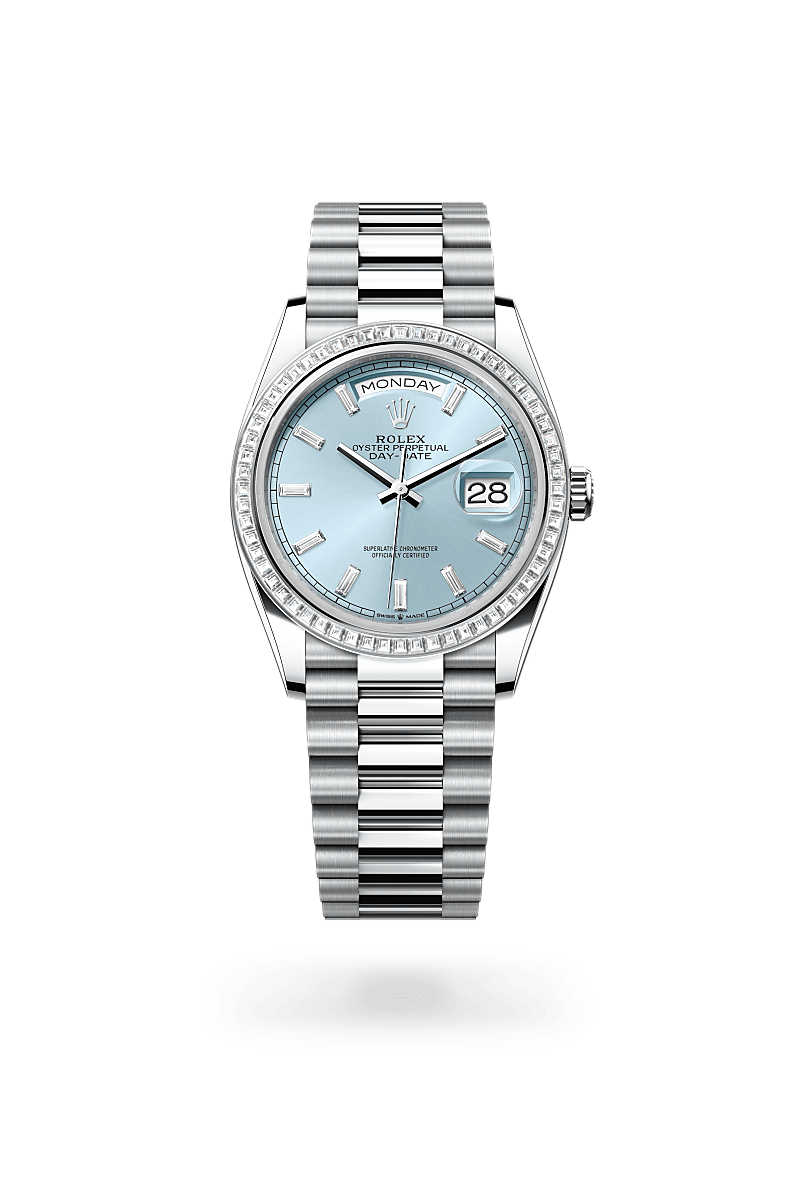 rolex DAY-DATE front view in Platinum, M128396TBR-0003 - Nowwatch