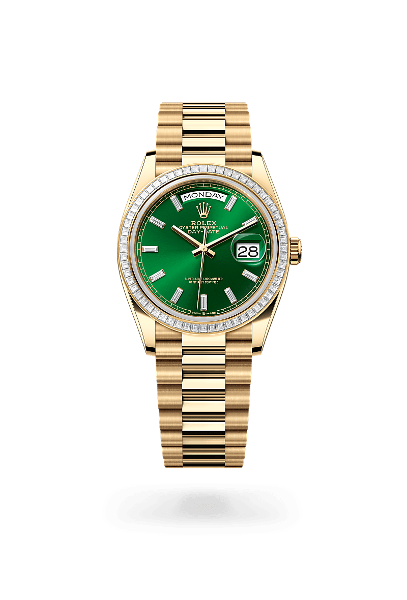 rolex DAY-DATE front view in 18 ct yellow gold, M128398TBR-0035 - Nowwatch