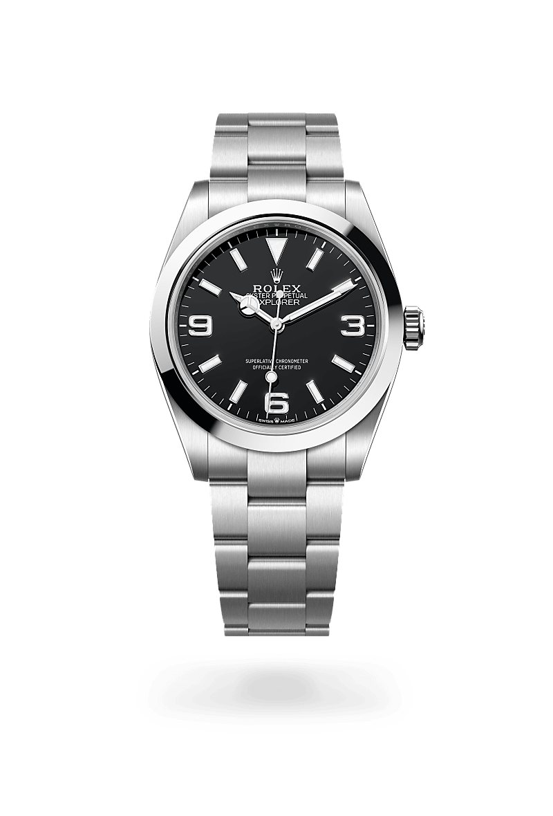 rolex EXPLORER front view in Oystersteel, M224270-0001 - Nowwatch