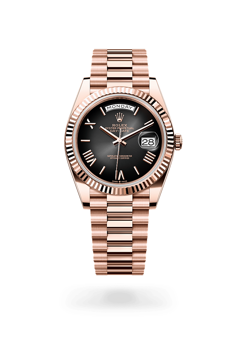 rolex DAY-DATE front view in 18 ct Everose gold, M228235-0055 - Nowwatch