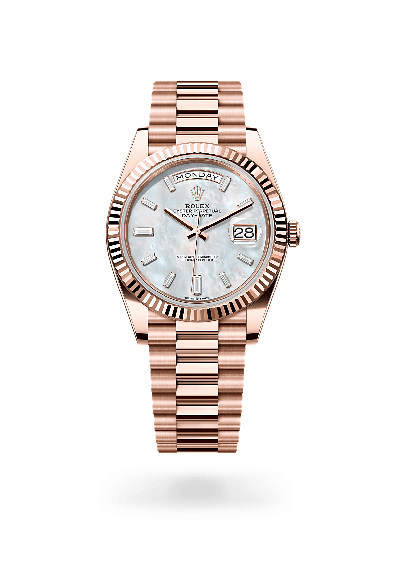 rolex DAY-DATE front view in 18 ct Everose gold, M228235-0056 - Nowwatch