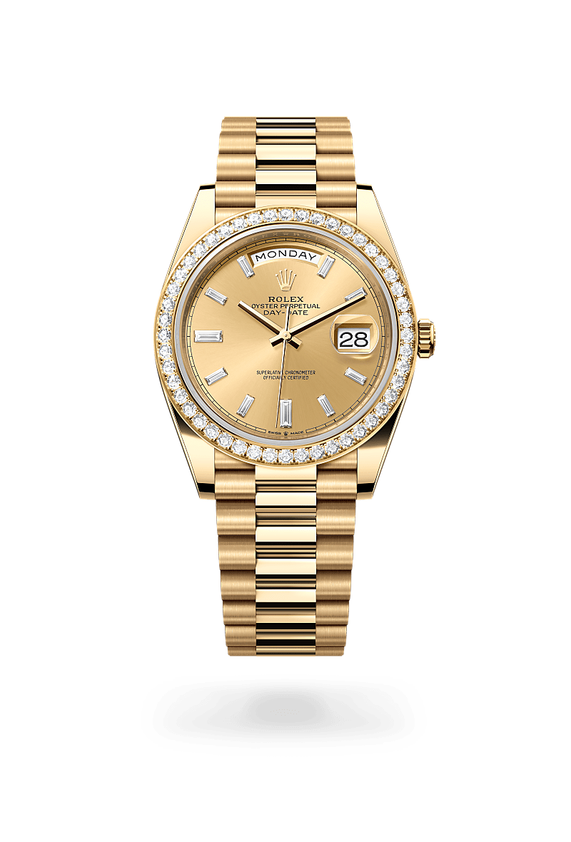 rolex DAY-DATE front view in 18 ct yellow gold, M228348RBR-0002 - Nowwatch