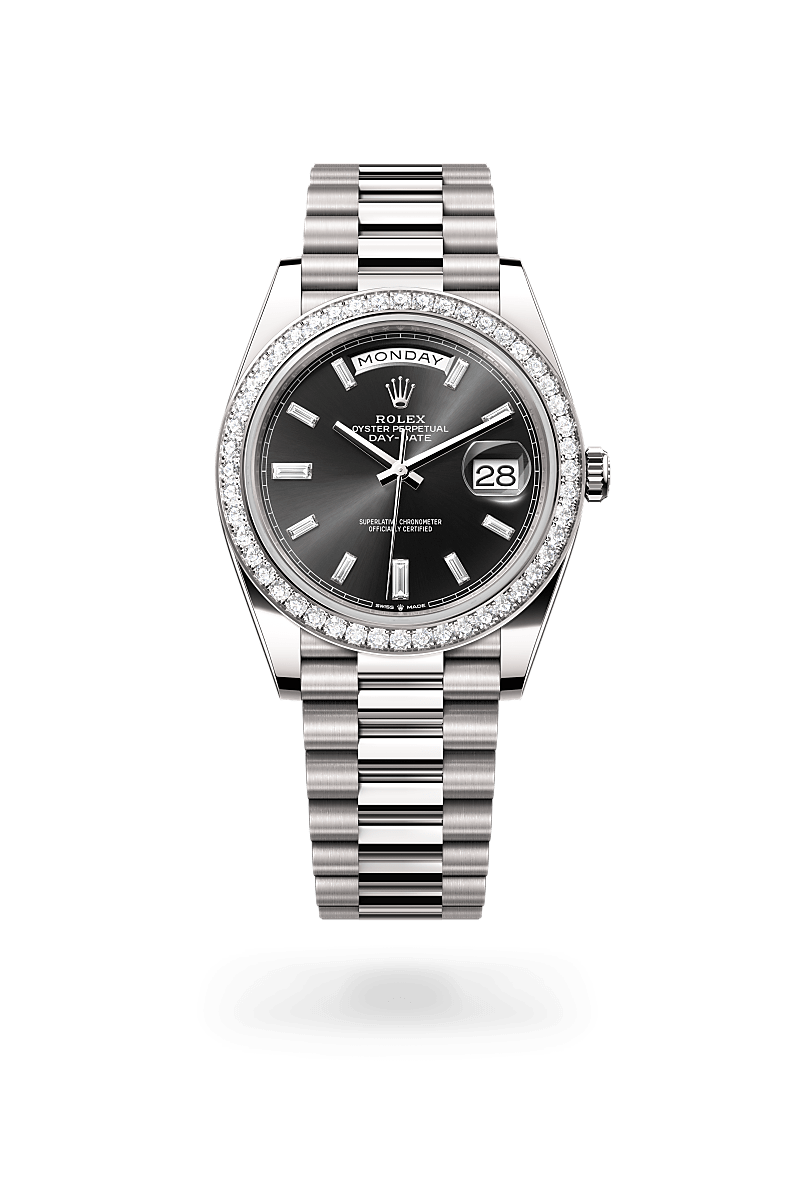 rolex DAY-DATE front view in 18 ct white gold, M228349RBR-0003 - Nowwatch