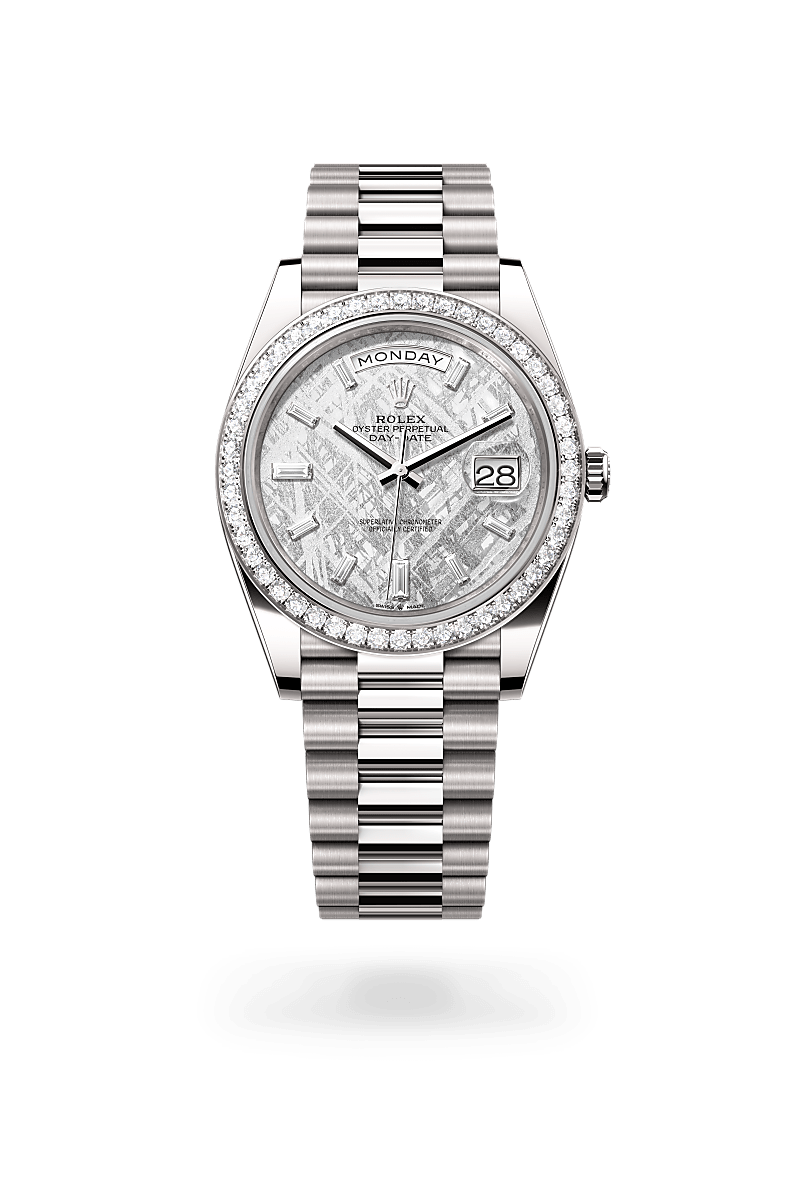 rolex DAY-DATE front view in 18 ct white gold, M228349RBR-0040 - Nowwatch