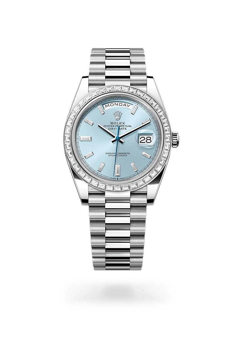 rolex DAY-DATE front view in Platinum, M228396TBR-0002 - Nowwatch