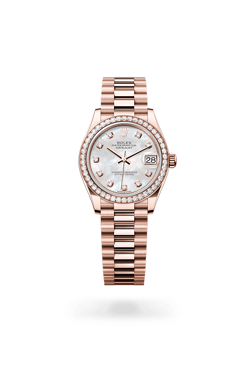 rolex DATEJUST front view in 18 ct Everose gold, M278285RBR-0005 - Nowwatch