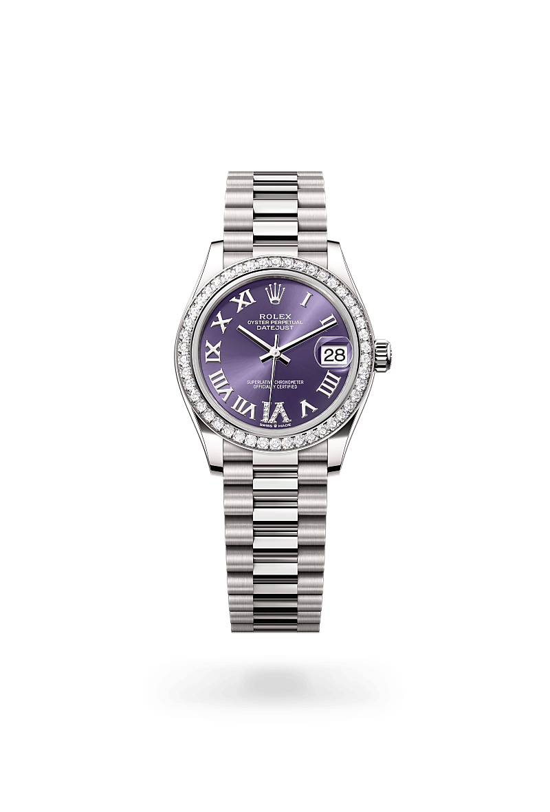 18캐럿 화이트 골드 소재의 롤렉스 DATEJUST 정면, M278289RBR-0019 - 나우워치