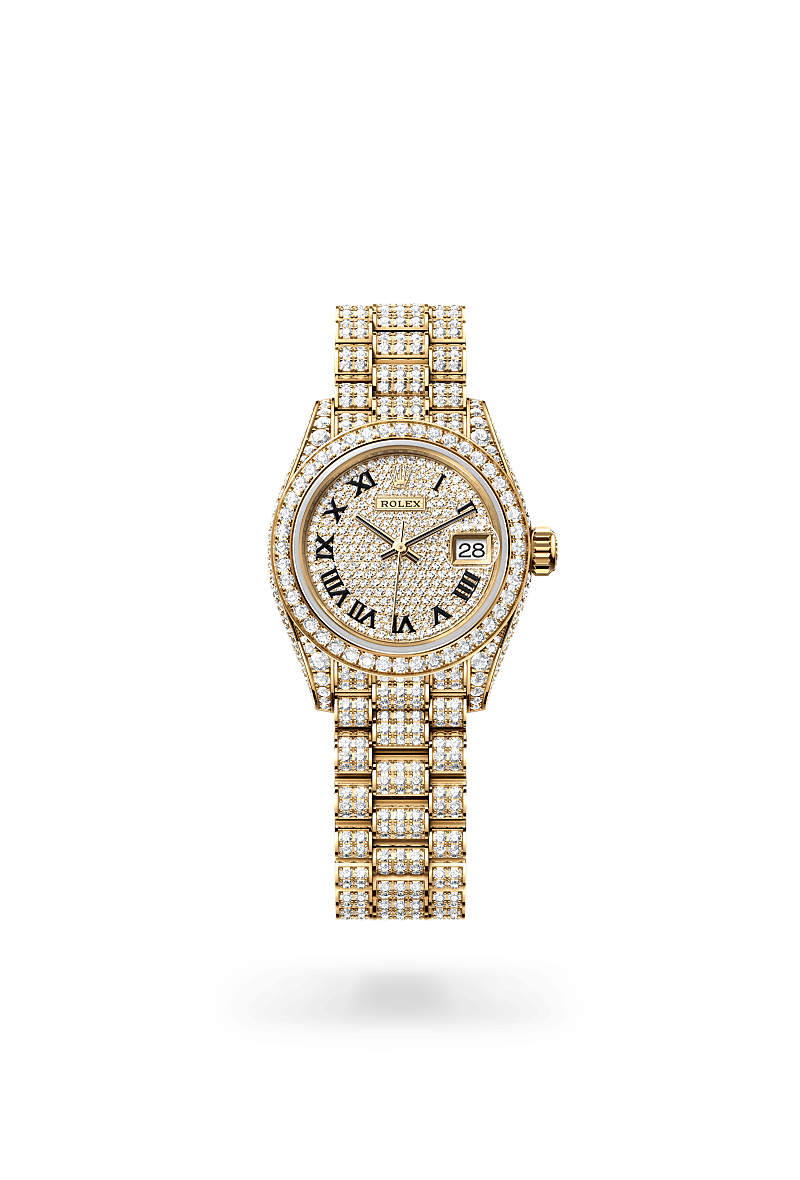 rolex LADY-DATEJUST front view in 18 ct yellow gold with case sides and lugs set with diamonds, M279458RBR-0001 - Nowwatch